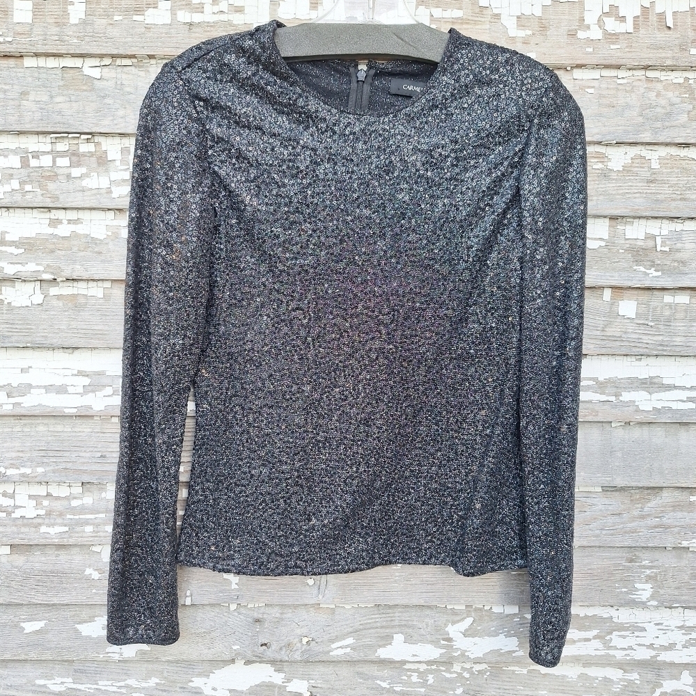 Carmen Marc Valvo Elegant Black Glitter Top Sequin Size Small NWT